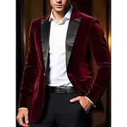 Men's Velvet Blazer Jacket Party Tuxedos Warm Vintage Fall Winter Solid Color Pocket Classic Single Breasted One-button Blazer Black Red Blue Green