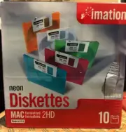 Imation NEON Color MAC PC 3-1/2" Diskettes Hard Case 10 Pk 1.40MB 2HD Floppy USA
