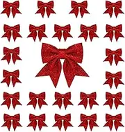 Whaline 24pcs Red Christmas Glitter Bows, Traditional Round Fabric Ornaments, 5.5'' x 5.5'' x 5.5'' for Christmas Tree, Gift, Home Decor