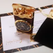 24k Gold Plated Wood Effect Lighter Double Flame Jet Cigar Light Built in Clock