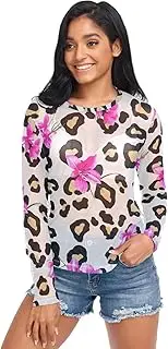 [RPLIFE] Black Leopard Spots Soft Pink Floral White Mesh Top Women Long Sleeve, Womens Sheer Blouses S-XXL
