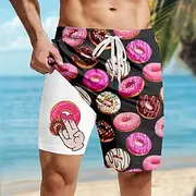 Men's Funny Donuts Lined Shorts 2 in 1 Board Shorts Swim Shorts Mid Waist Hawaiian Vacation Holiday Beach Wear Side Pockets With Compression Liner Elastic Draw