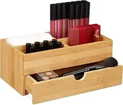 Relaxdays Bamboo Cosmetics Organiser, Multifunctional, 4 Compartments & Drawer, Desk Storage, Natural