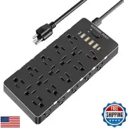 Large 20 Amp Power Strip Surge Protector,Flat Plug (Not T-Plug) with Heavy Du