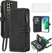 Asuwish Phone Case for Samsung Galaxy S21 FE 5G Wallet Cover with Tempered Glass Screen Protector and Leather Flip Card Holder Cell Accessories S 21 EF S21FE5G UW S21FE 21S G5 6.4 inch Women Men Black