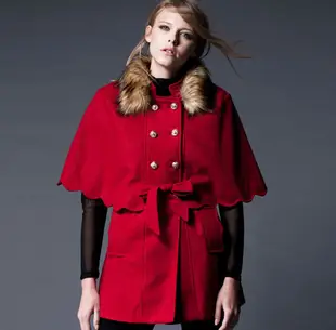 雙排金釦毛呢外套 斗篷罩衫 可拆式毛領 腰綁帶 (紅色) (3.3折)