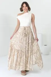 Hellen Maxi Skirt - High Waisted Skirt with Front Splits in Jeani Print Beige