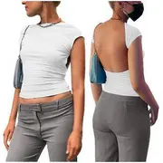Short-Sleeve/ Long-Sleeve Boat Neck Plain Backless Tee Short-Sleeve - White - S