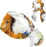 [FVQL] 2 Pcs Nurse Hats with Hair Scrunchies, Ponytail Scrub Caps Women, Flower Floral and Horse Animal