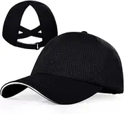 [LVMEMONT] Criss Cross Hat High Ponytail Baseball Caps for Women with Reflective Trim, Lightweight Mesh Performance Running Cap
