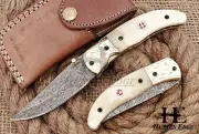 HUNTEX Custom Handmade Damascus 110mm Long Camel Bn Hunting Folding Pocket Knife