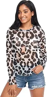 [RPLIFE] Black White Leopard Print Mesh Sleeve Top, Long Sleeve Party Tops for Women S-XXL