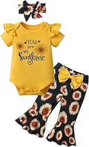 [Derouetkia] Infant Baby Girl Clothes Ruffle Sleeve Letter Print Romper Flowers Flared Pants Headband 3pcs Outfits Set