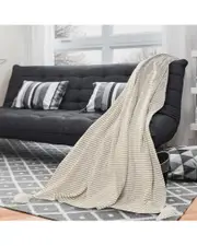 LR Home Beige And Ivory Striped Throw Blanket With Tassels