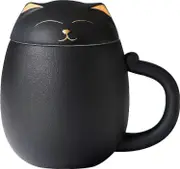 Ceramic Tea Mug with Infuser and LidCute Cat Tea Cup with Filter for Steeping Loose Leaf, Chinese Handmade Porcelain Teacup for Home Office. Black