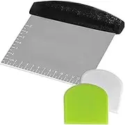 3 Pieces Dough Pastry Bench Cutter Scraper, Stainless Steel Pizza Cutter for Kitchen Baking, Dishwasher Safe, Anti-Wear Laser-Engraved Measuring Scale and Conversion Chart