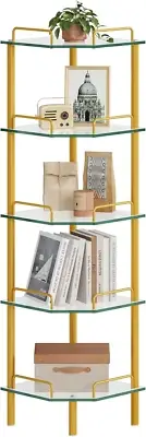 5 Tier Corner Shelf Stand for Bathroom, Gold Corner Bookshelf, Multipurpose Stan
