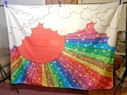 Rainbow sun, stars, clouds wall hanging, cloth Tapestry 58" x 78", 5 x 6 1/2'