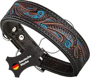 MICHUR Luis Leather Dog Collar Leather Dog Collar Dog Collar Brown with Blue Accents and Beautiful Punching Pattern Leather Available in Different Sizes