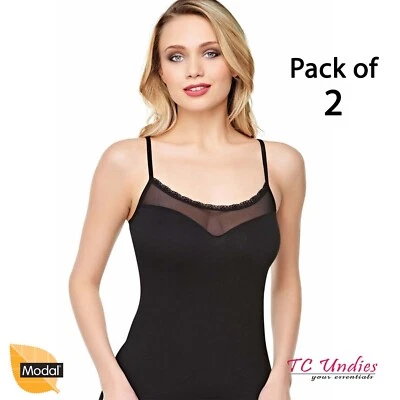 Pack of 2 Women Plain MODAL Cami Stretchy Strappy Vests Lace Detailed Tank Top