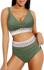 [newhsy] Women's High Waisted Bikini Set, Two Piece Tummy Control Swimwear Push Up Bikinis, Color Block Swimming Costume for Beach Pool Swimsuit Party, Army Green, M