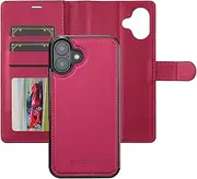 Boyobacase Wallet Case for iPhone 16 Plus,for iPhone 16 Plus Case,2 in 1 Detachable Wallet Magnetic with Card Slots Cash Pocket Stand Feature[Side Magnetic Closure] with Wrist Strap-Red