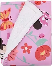Disney Minnie Mouse Springtime Flowers Pink Orange, Green, and White Super Soft Sherpa Baby Blanket