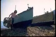 Rodney Bewes carrying a lobster cage on Cadgwith beach in Cornwall 1971 TV PHOTO