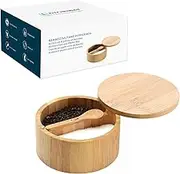 KITCHENDAO Bamboo Salt and Pepper Bowl Box - Built-in Spoon - Swivel Lid with Magnet,Dust-Free - Salt Cellar Seasoning Container Holder - Dual 7 Ounce Capacity
