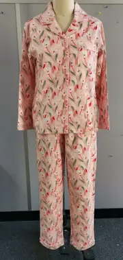 Ladies Pink Floral Cotton Flannelette PJS Pyjamas Set (1595)