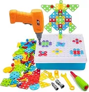 Creative Mosaic Drill Set for Kids, Creative Drilling Toy with Screwdriver Tool Playset, Electric Drill Toy & Rainbow Fasteners, Premium STEM Toys Building Set for 3+