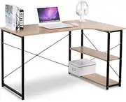 1.2m L Shaped Computer Desk with 2-Tier Storage Shelf Corner Desk Home Office Desk Study Writing Table with Bookshelf Metal Frame