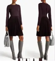 Theory Women Pleated Long Sleeve Dress Wool Blend Flannel Burgundy SZ Small.