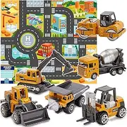 HERSITY Diecast Construction Vehicles Set, Mini Lorry Trucks Digger Dumper Toys with Play Mat, Party Favor Cake Decorations Gifts for 3 4 5 Years Old Boys Girls Toddler