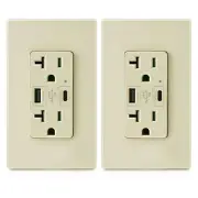 2Pack 4.8A USB C Outlet PD 24W Power Delivery Receptacle ,20 Amp,125 Volt ,Ivory