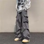 Drawstring Waist Plain Wide Leg Cargo Parachute Pants Gray - M
