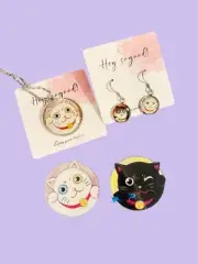 Maneki Neko Lucky cat waving hand earrings necklace quirky novelty kawaii brooch