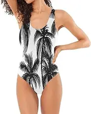 [RPLIFE] Black White Coconut Palm Trees Low Back One-Piece, One-Piece Swimsuit with Padding Curvy Bathing Suits for Women
