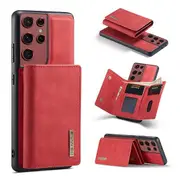 DG MING For Samsung Galaxy S22 Ultra Premium Trifold Wallet Leather Case With 2-in-1 Magnetic Detachable Card Holder Pocket Cover - Red