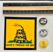 Lot Of 3 NRA 2nd Amendment Buttons Pins & "DON'T TREAD ON ME" Sticker Decal