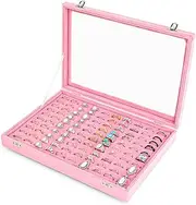 Frebeauty Ring Organizer Tray 100 Slots Ring Holder with Clear Lid Velvet Ring Storage Box Ring Tray for Jewelry Store Ring Display Case for Jewelry Show Ring Box for Women(Pink)