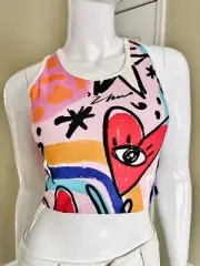 ZIMO Women Eyes in Heart Yoga Top with Built-in Bra#80CD/85AB, L, Cut Fits M