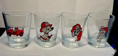 4 Shot Glasses-Fire Truck, 3 With Delmation — A Hose, with Hydrant, On Ladder