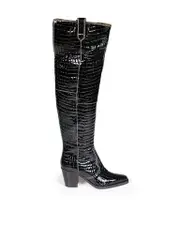 Black Leather Croc Embossed Knee High Boots