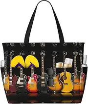 [Ghjkfbf] Electric Guitar Print Large Capacity Beach Travel Bag For Family, Beach Tote Bag For Women With Zipper Pockets, Black, One Size