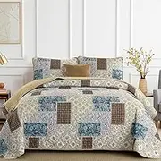 Xruibed Brown Patchwork Quilt Set Queen Size 3 Pieces Farmhouse Floral Plaid Bedspread Set Reversible Quilt Bedding Set Microfiber Bedding Bedspread Coverlet Set for All Season(Queen 96"x90")