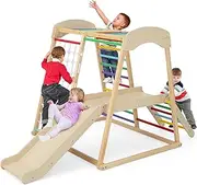 HONEY JOY 6-in-1 Indoor Jungle Gym Climber, Kids Wooden Playground with Monkey Bars, Slide, Rope & Wood Ladders, Large Size Climbing Toy Climber Playset with Metal Anchors for Toddlers (Colorful)
