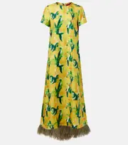 [La DoubleJ] La DoubleJ Swing feather-trimmed silk maxi dress UK 6 yellow