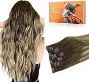 DOORES Remy Hair Extensions Clip in Balayage Walnut Brown to Ash Brown and Bleach Blonde 120g 7pcs 14 Inch Clip in Human Hair Extensions Real Hair Extensions Natural Straight