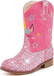 [Motasha] Unicorn Girls Cowgirl Boots Mid Calf Square Toe Glitter Toddler Western Cowboy Boot Little Kid Big Kid Riding Shoes Princess Dress Up Party Birthday Dance